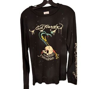 Ed Hardy X Christian Audigier Long Sleeve Black Splatter Tee Shirt Sz Small